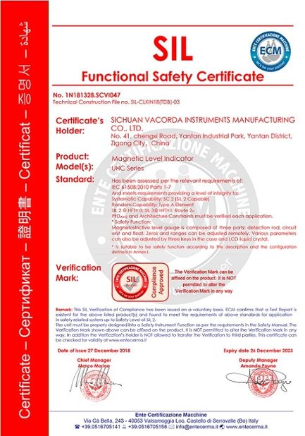 China Sichuan Vacorda Instruments Manufacturing Co., Ltd certification