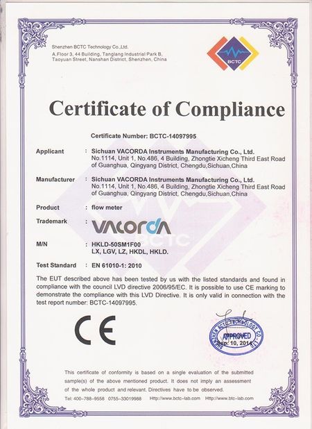 China Sichuan Vacorda Instruments Manufacturing Co., Ltd certification