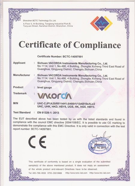 China Sichuan Vacorda Instruments Manufacturing Co., Ltd certification