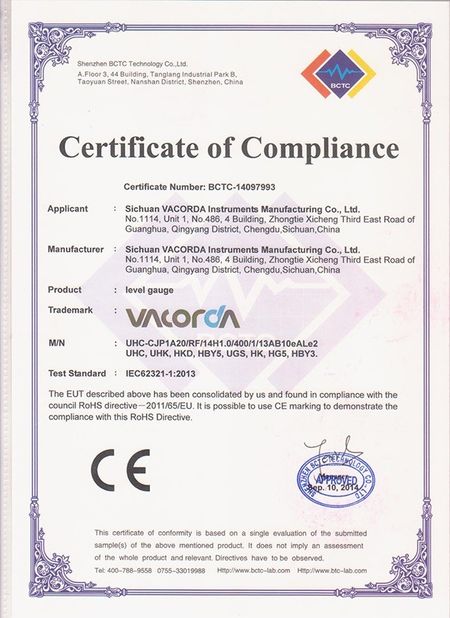 China Sichuan Vacorda Instruments Manufacturing Co., Ltd certification