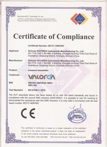 China Sichuan Vacorda Instruments Manufacturing Co., Ltd certification