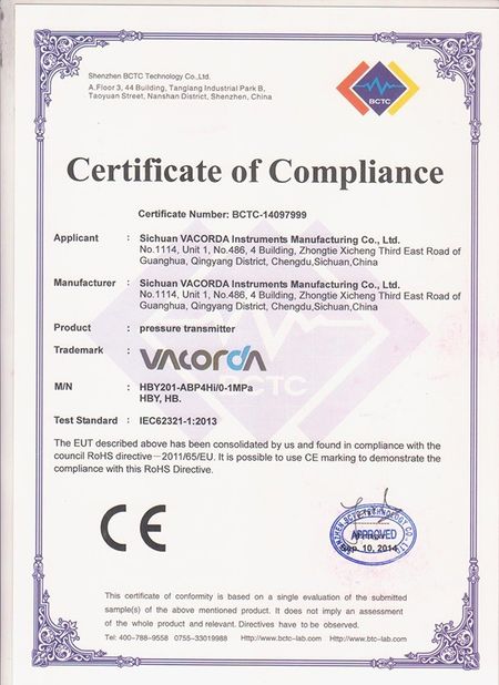 China Sichuan Vacorda Instruments Manufacturing Co., Ltd certification